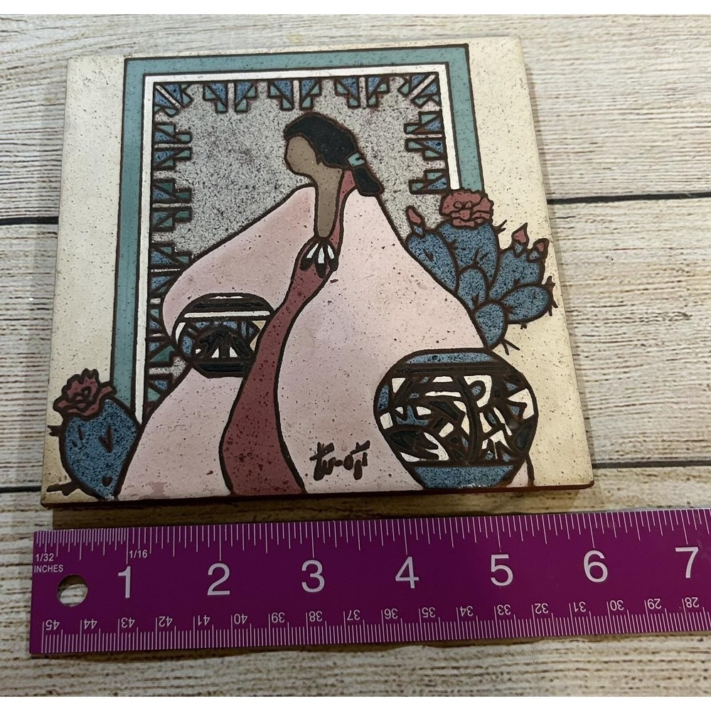Vintage Gale Tuoti Tile Trivet Southwestern Cactus Motif Pink Turquois TubB9